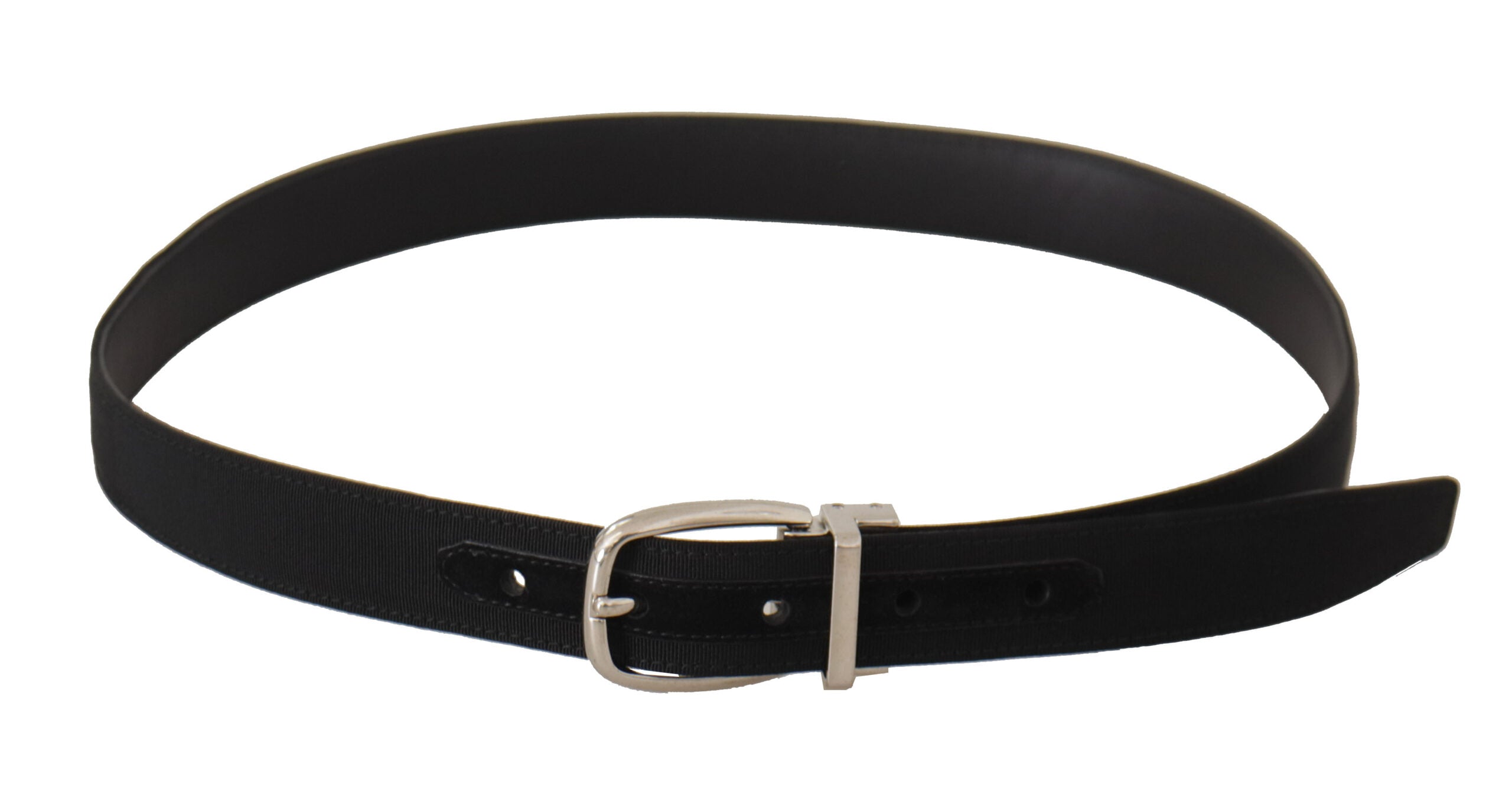 Black calf leather belt with silver tone metal buckle by Dolce & Gabbana, featuring a sleek, classic design.