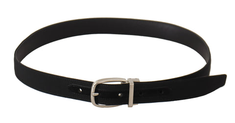 Black calf leather belt with silver tone metal buckle by Dolce & Gabbana, featuring a sleek, classic design.