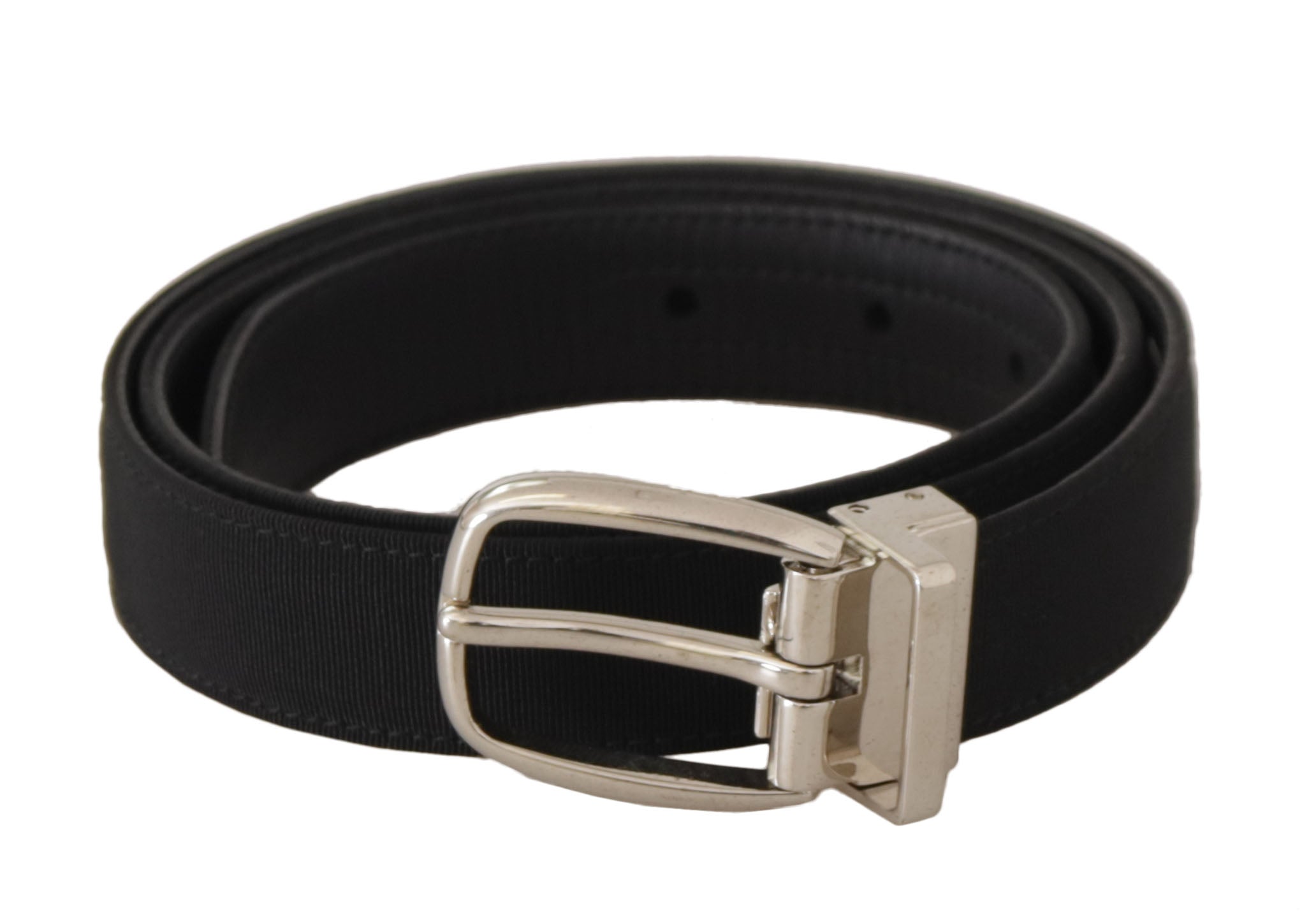 Black calf leather belt with silver tone metal buckle by Dolce & Gabbana, featuring a sleek and stylish design.