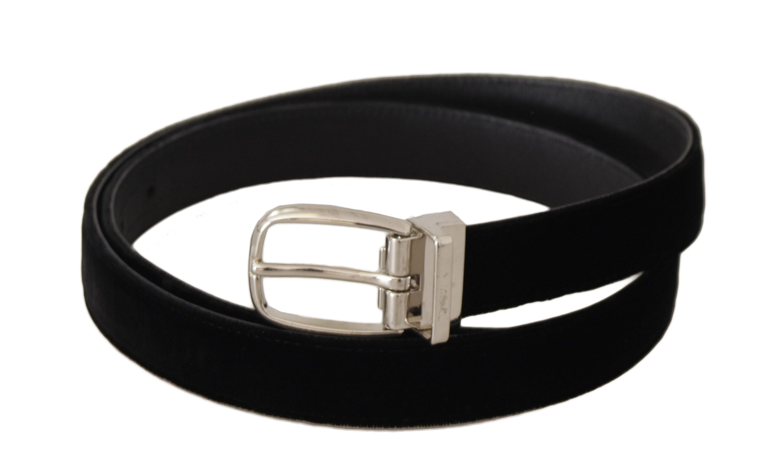 Black casual velvet belt with silver-tone metal buckle, stylish accessory from Dolce & Gabbana.
