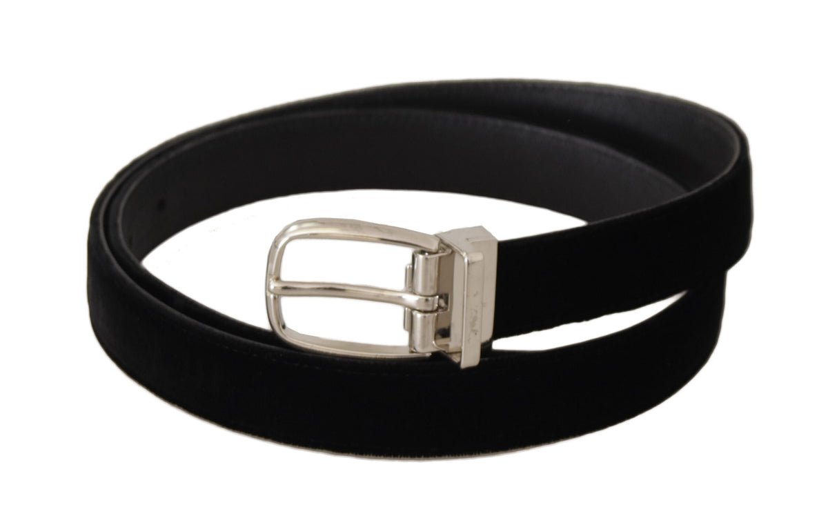 Black casual velvet belt with silver-tone metal buckle, stylish accessory from Dolce & Gabbana.