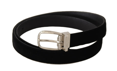 Black casual velvet belt with silver-tone metal buckle, stylish accessory from Dolce & Gabbana.