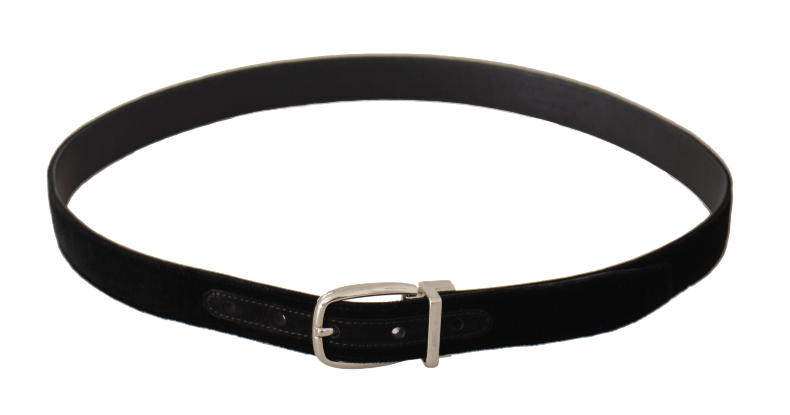 Black velvet casual belt with silver-tone metal buckle by Dolce & Gabbana, featuring a sleek and stylish design.
