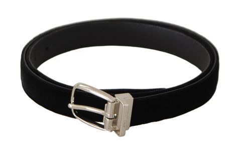 Black casual velvet belt with silver tone metal buckle, by Dolce & Gabbana, featuring a stylish and elegant design.