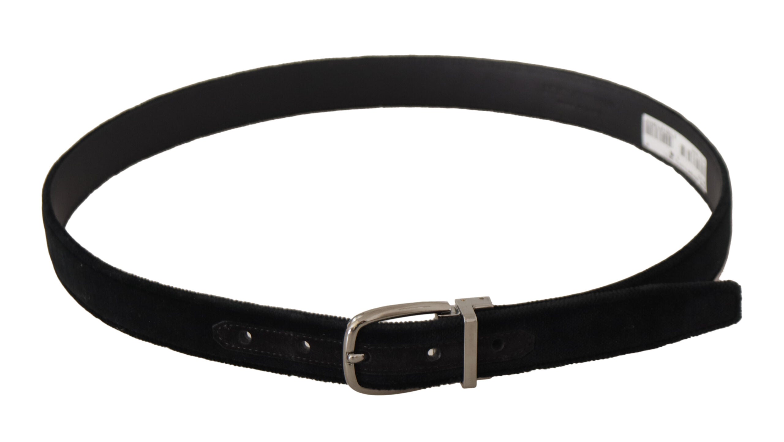 Black velvet belt with silver tone metal buckle by Dolce & Gabbana, featuring a classic design and elegant texture.