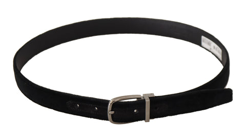 Black velvet belt with silver tone metal buckle by Dolce & Gabbana, featuring a classic design and elegant texture.