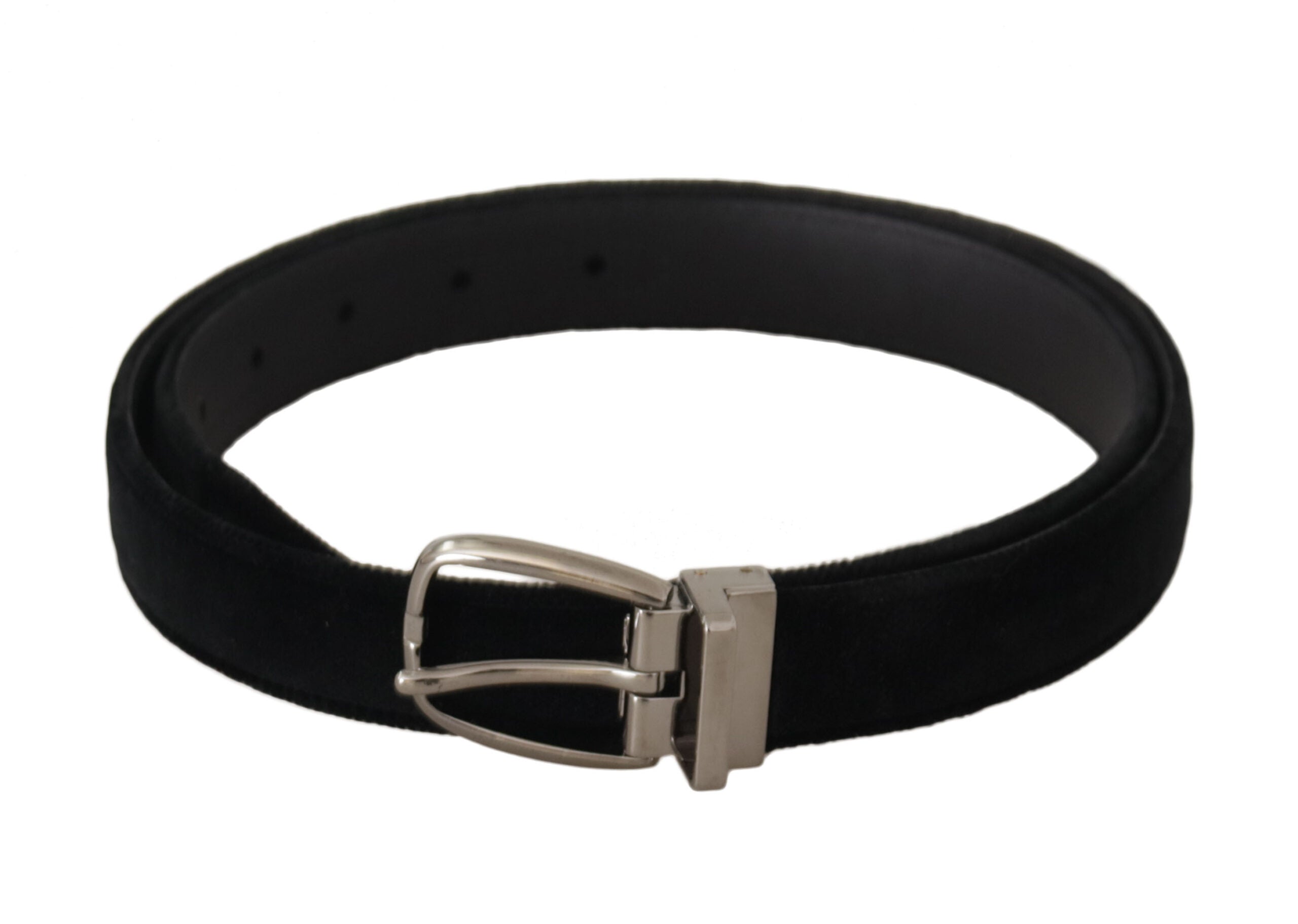 Black velvet belt with silver tone metal buckle, classic Dolce & Gabbana accessory for stylish waistwear.