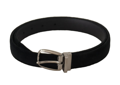 Black velvet belt with silver tone metal buckle, classic Dolce & Gabbana accessory for stylish waistwear.