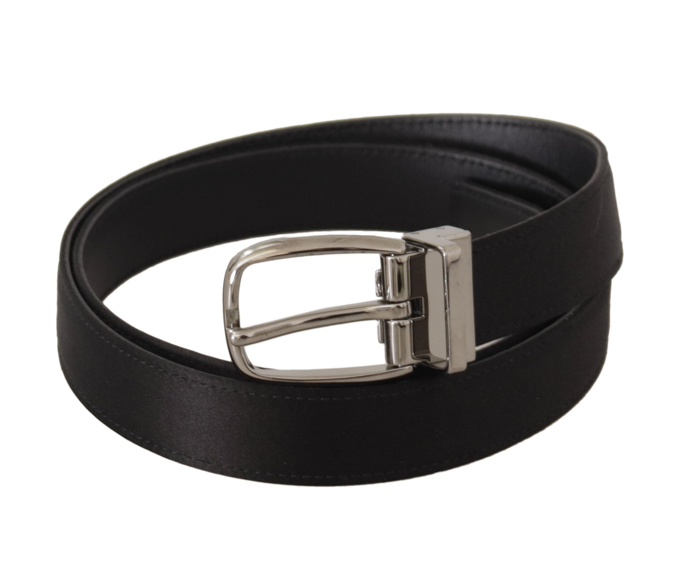 Black calf leather belt with silver logo metal buckle by Dolce & Gabbana, featuring a sleek and stylish design.