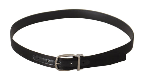 Black calf leather belt with silver logo metal buckle by Dolce & Gabbana, featuring sleek design and high-quality craftsmanship.