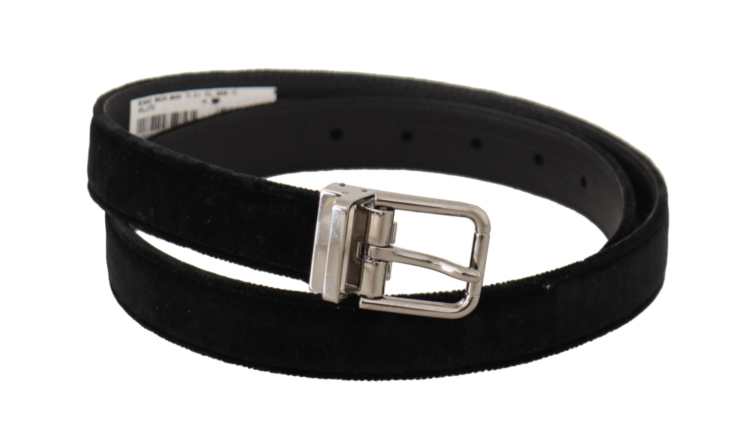 Black velvet Dolce & Gabbana belt with silver metal logo buckle, casual style, featuring a sleek and elegant design.