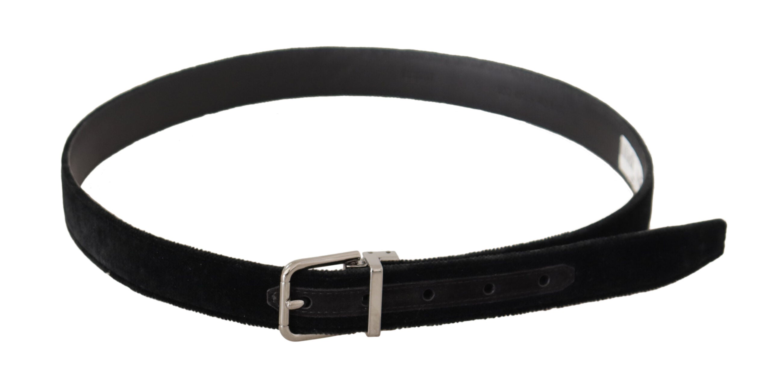 Black casual velvet belt with silver metal logo buckle from Dolce & Gabbana, featuring a sleek and stylish accessory.