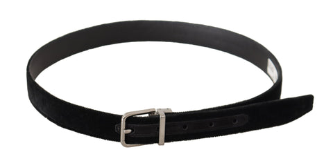 Black casual velvet belt with silver metal logo buckle from Dolce & Gabbana, featuring a sleek and stylish accessory.