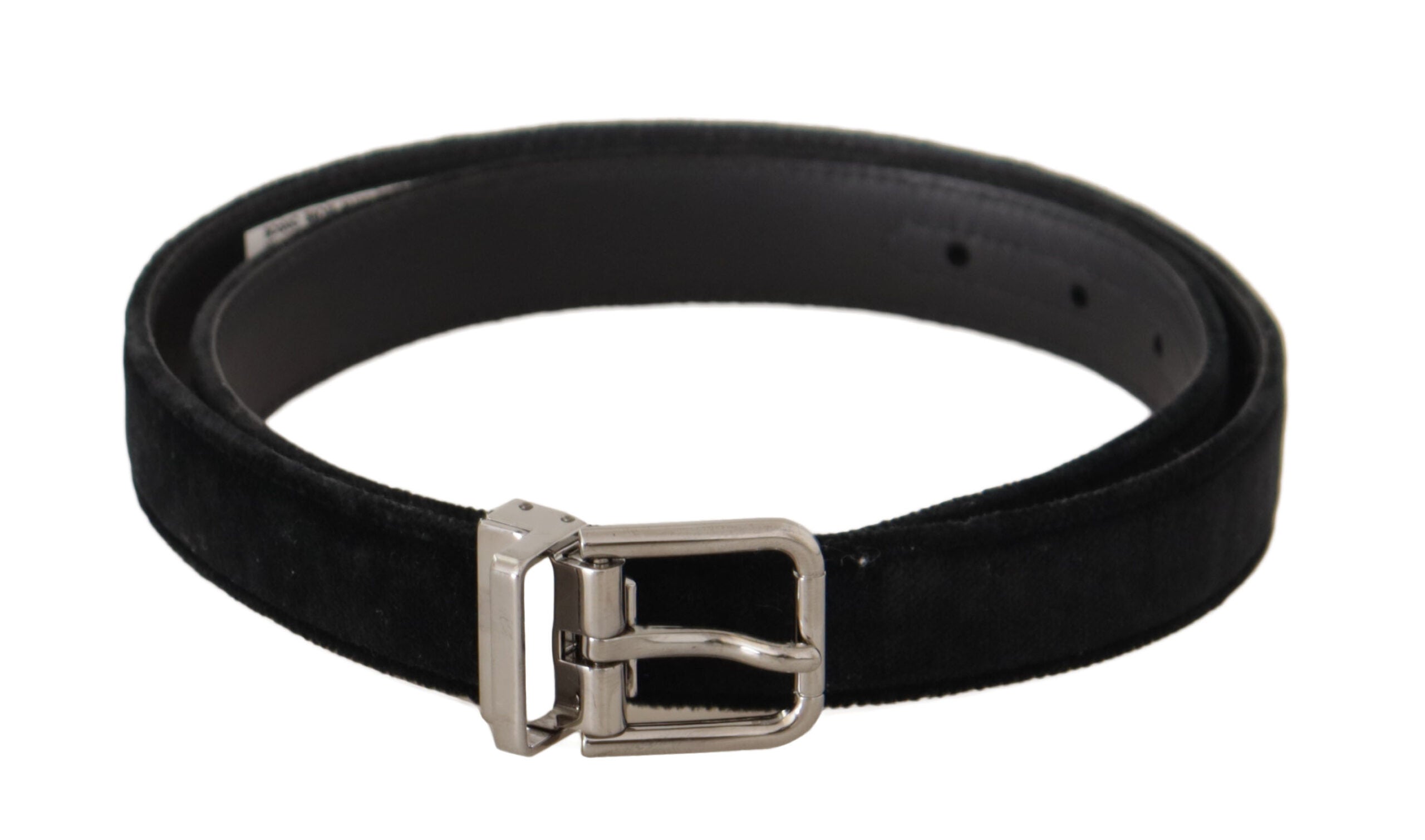 Black velvet casual belt by Dolce & Gabbana with silver metal logo buckle, stylish fashion accessory with elegant design.