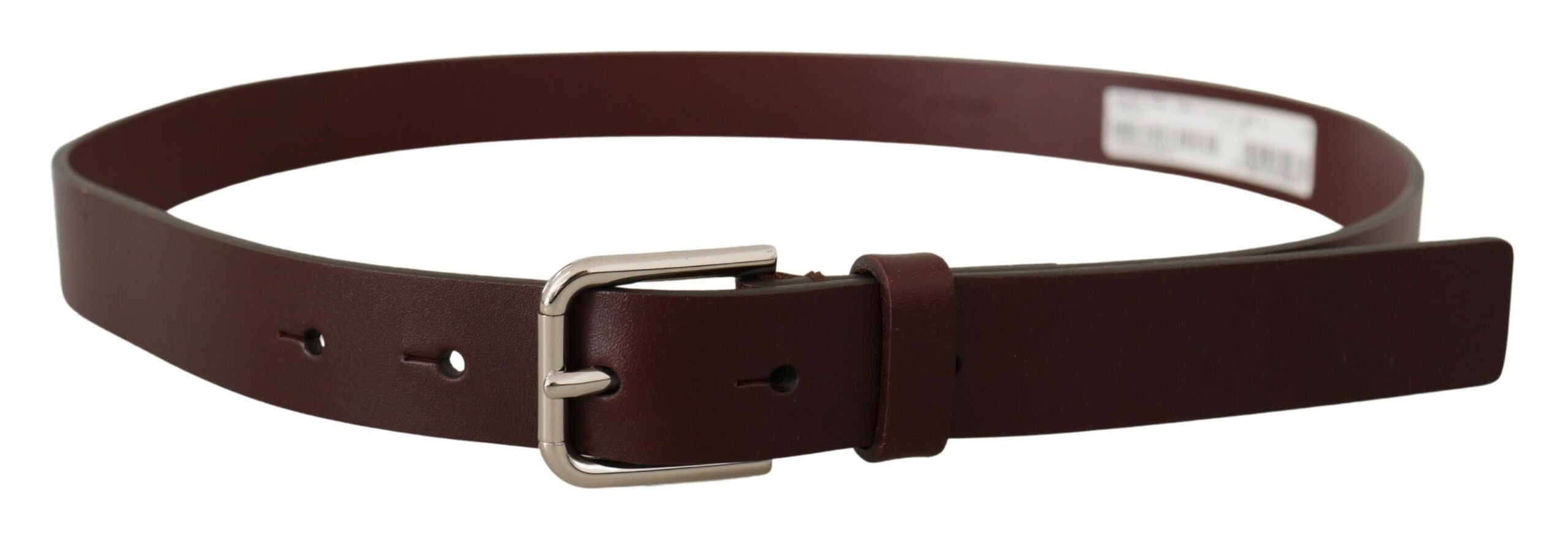 Maroon calf leather belt with silver tone metal buckle from Dolce & Gabbana, featuring a sleek, stylish design.