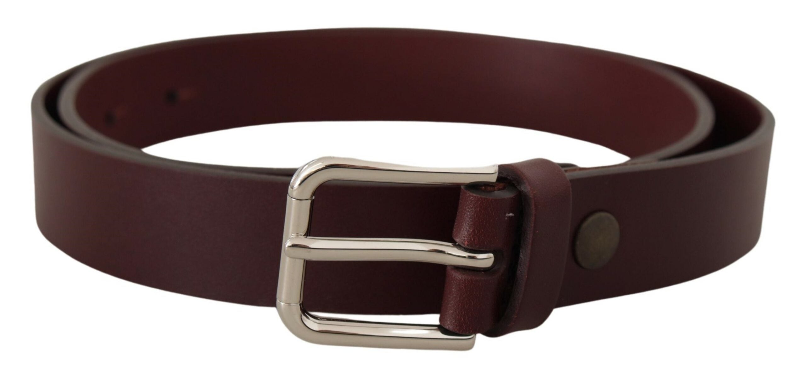 Maroon calf leather belt with silver tone metal buckle from Dolce & Gabbana, showing the belt laid flat with buckle detail.