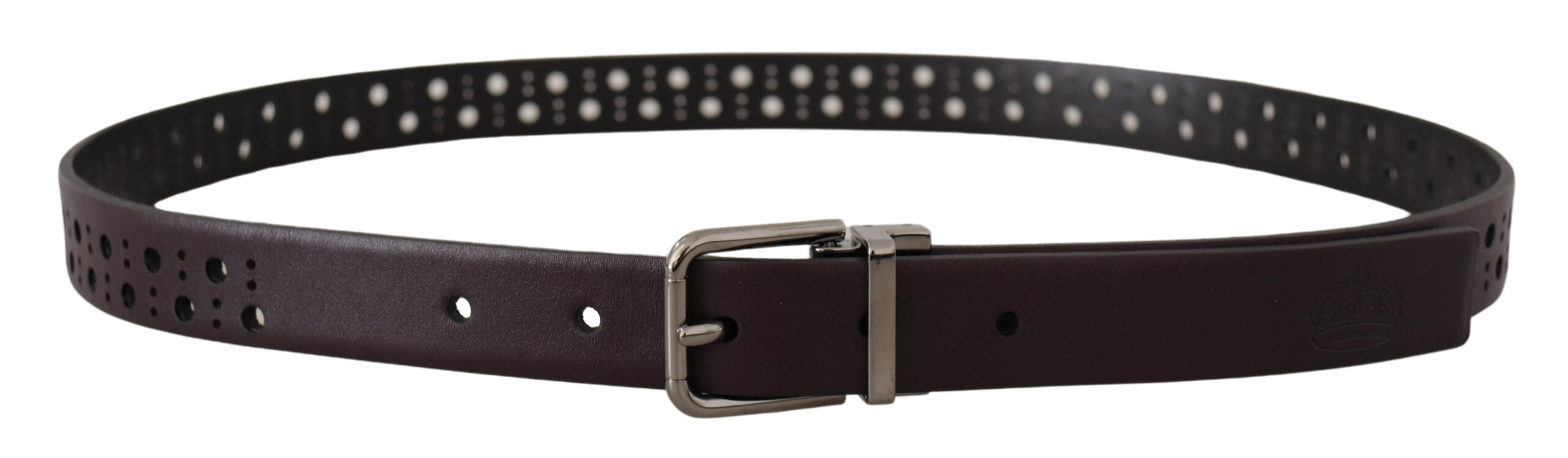 Dark purple perforated leather belt with metal buckle by Dolce & Gabbana, showing detailed texture and stylish design.