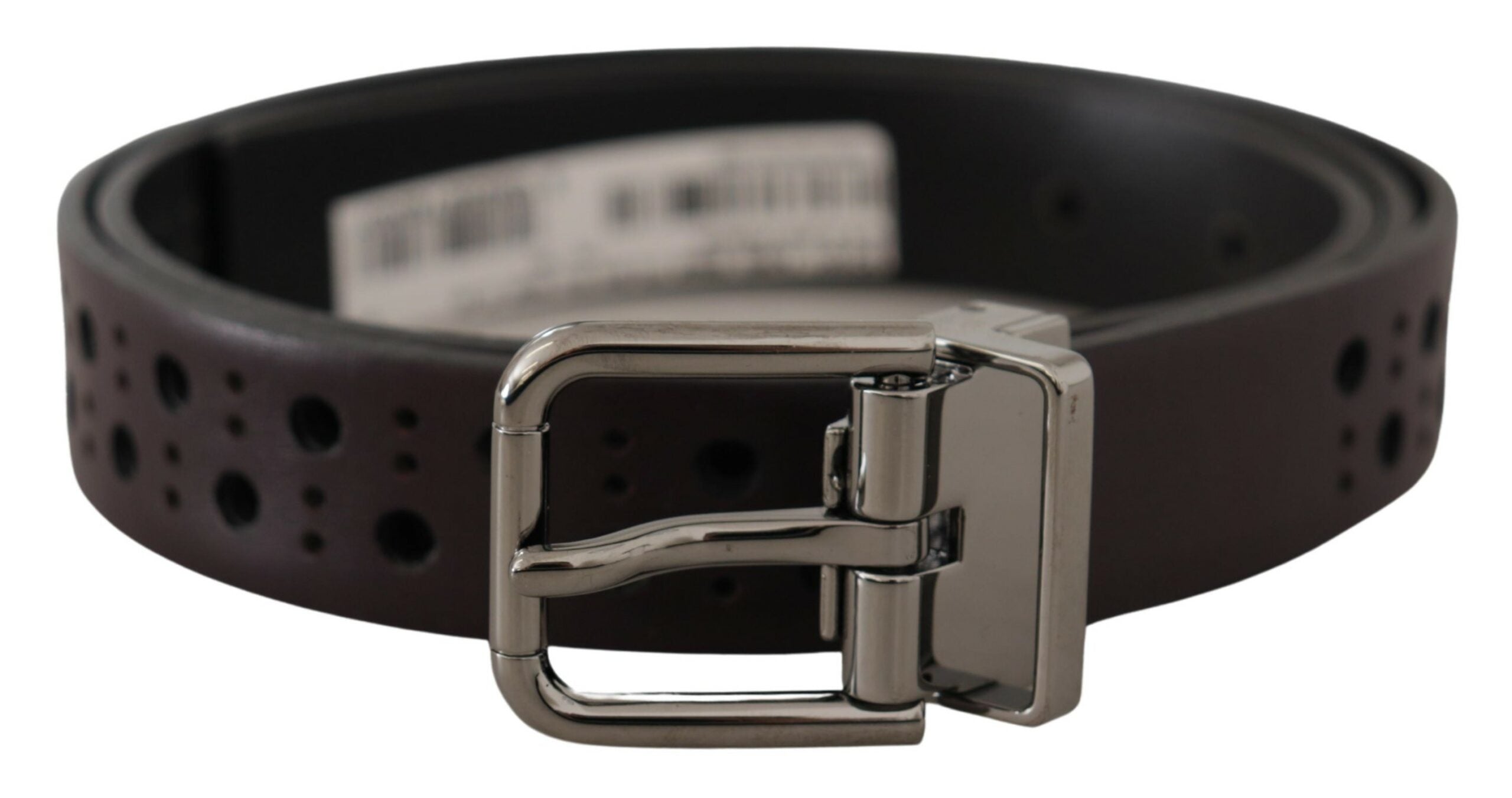 Dark purple perforated leather belt with metal buckle by Dolce & Gabbana, showing close-up of textured leather and buckle detail.