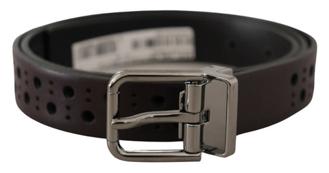 Dark purple perforated leather belt with metal buckle by Dolce & Gabbana, showing close-up of textured leather and buckle detail.