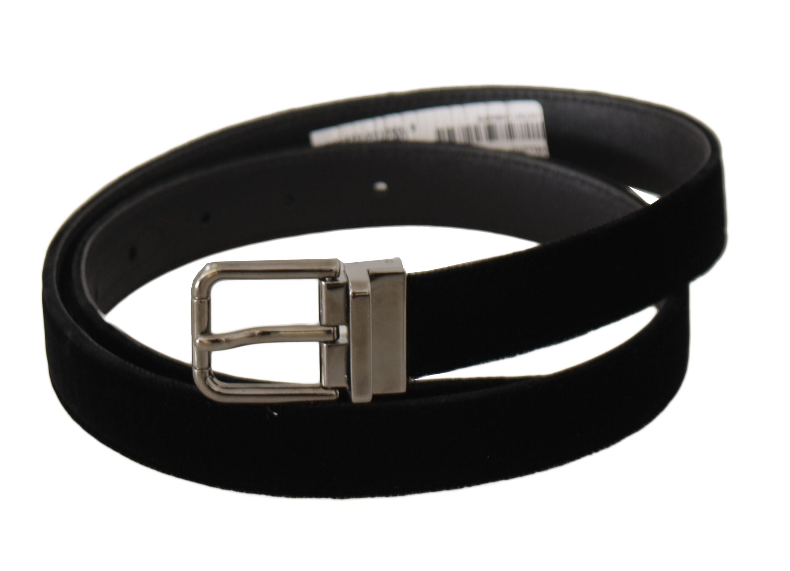 Black velvet belt with engraved metal buckle featuring Dolce & Gabbana logo, classic and stylish accessory for men.