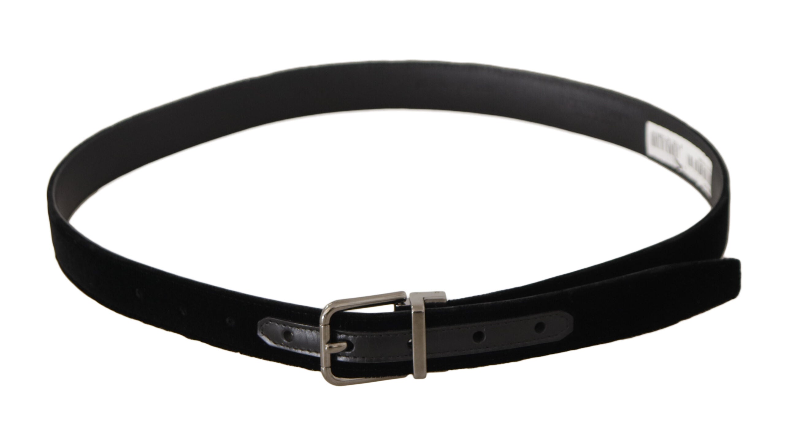 Black velvet belt with engraved metal buckle featuring Dolce & Gabbana logo, classic and stylish accessory.