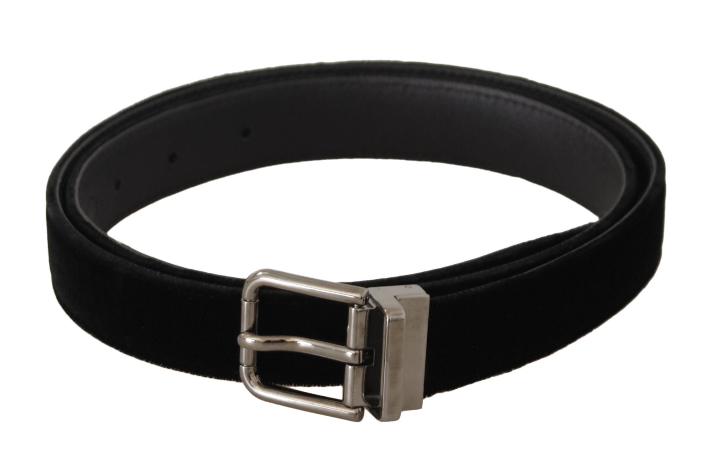 Black velvet belt with a metal buckle engraved with Dolce & Gabbana logo, featuring a classic design and elegant style.