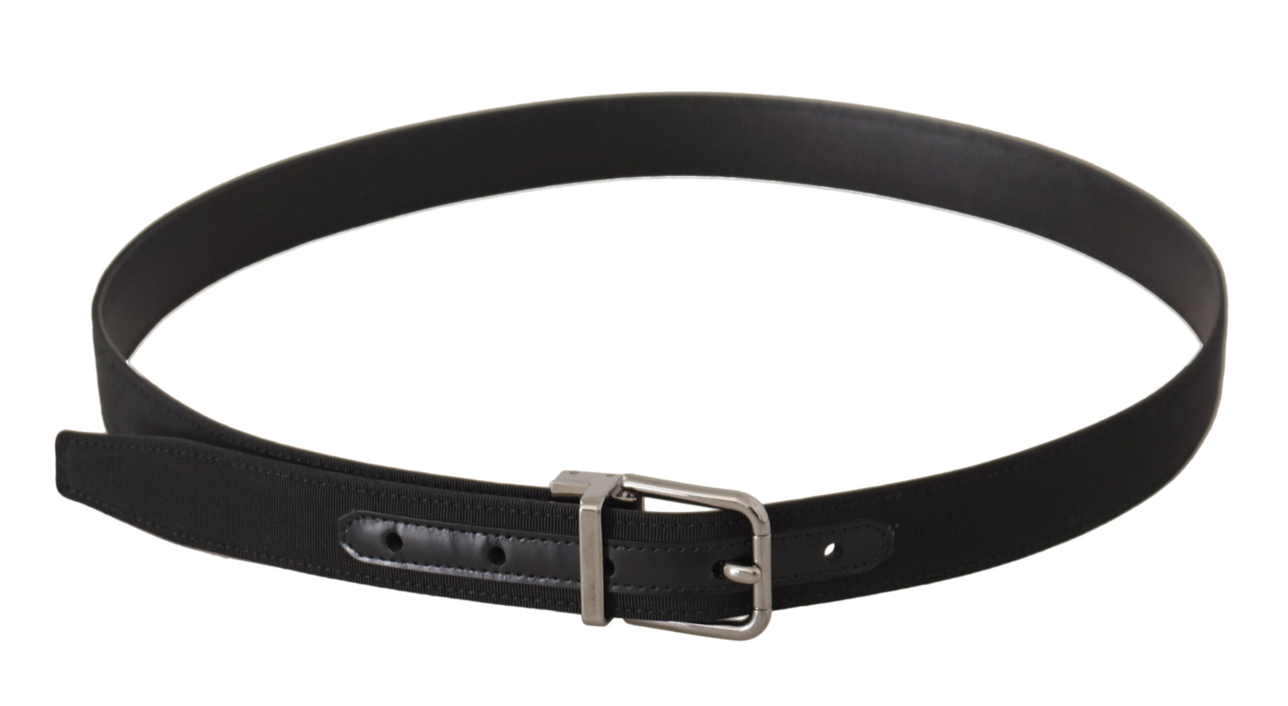 Black canvas and leather belt with silver metal buckle from Dolce & Gabbana, featuring a sleek, stylish design.