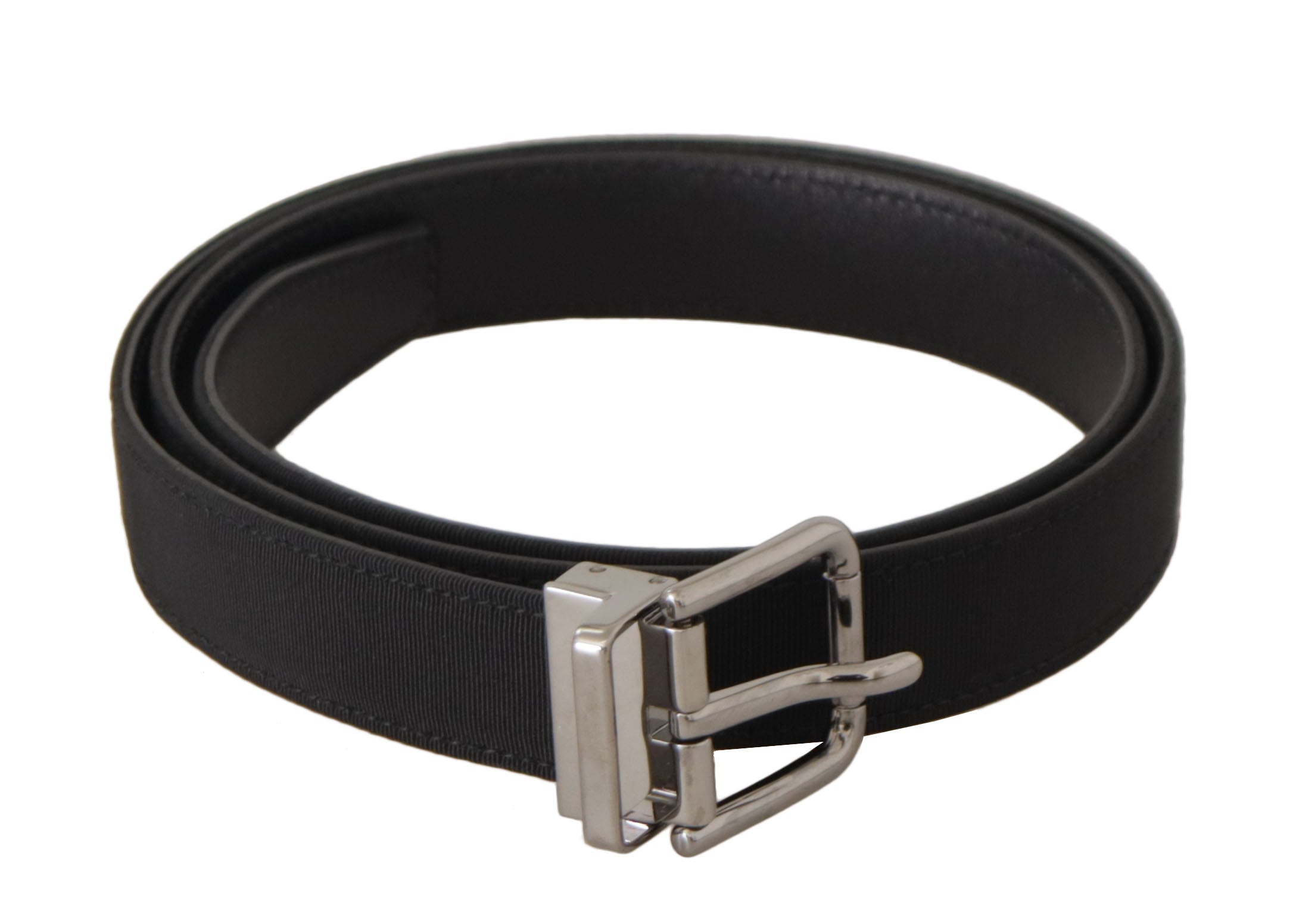 Black canvas leather belt with silver metal buckle by Dolce & Gabbana, showcasing its sleek design and high-quality craftsmanship.