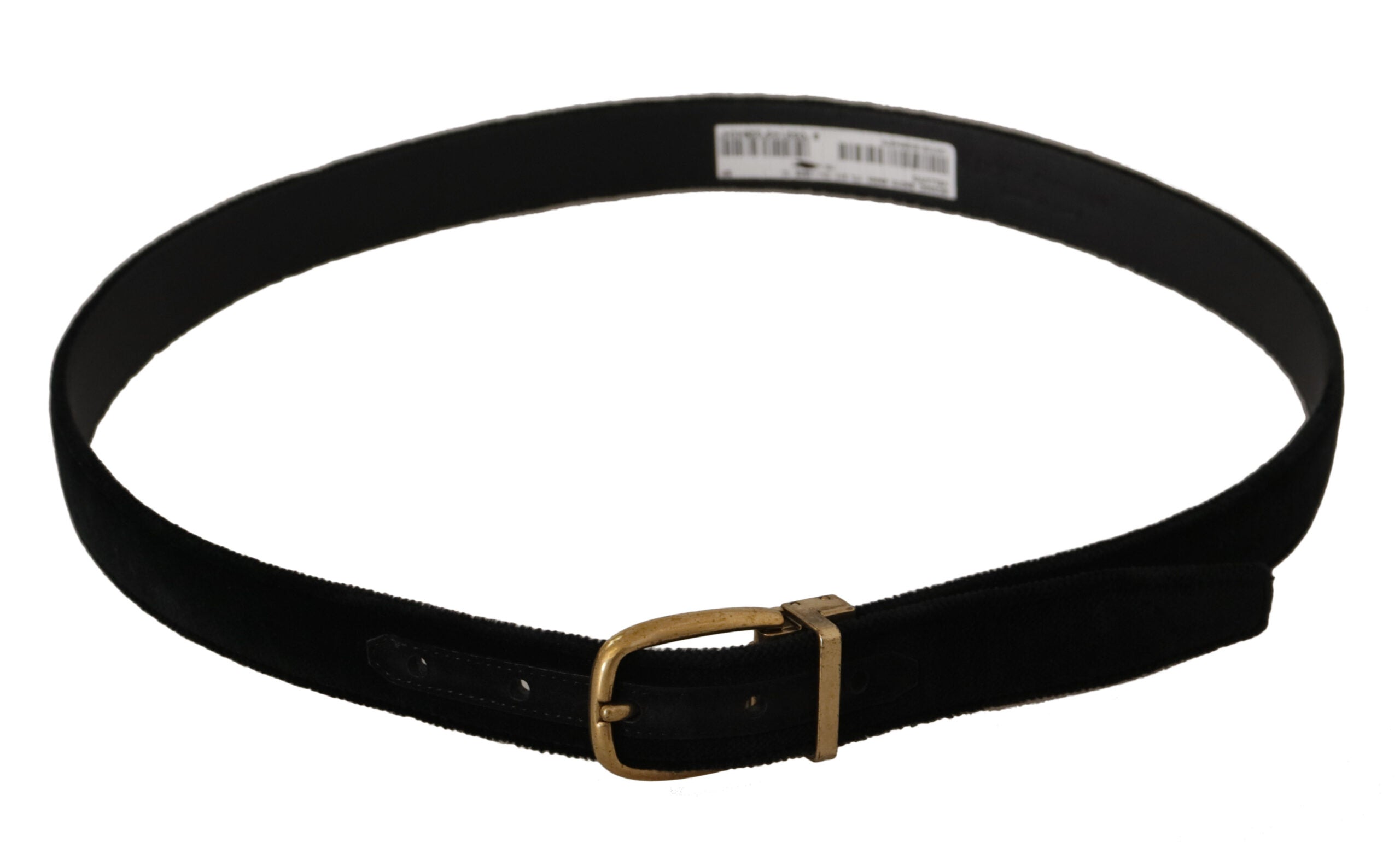 Black velvet leather belt with gold-tone metal buckle by Dolce & Gabbana, featuring a sleek, elegant design.