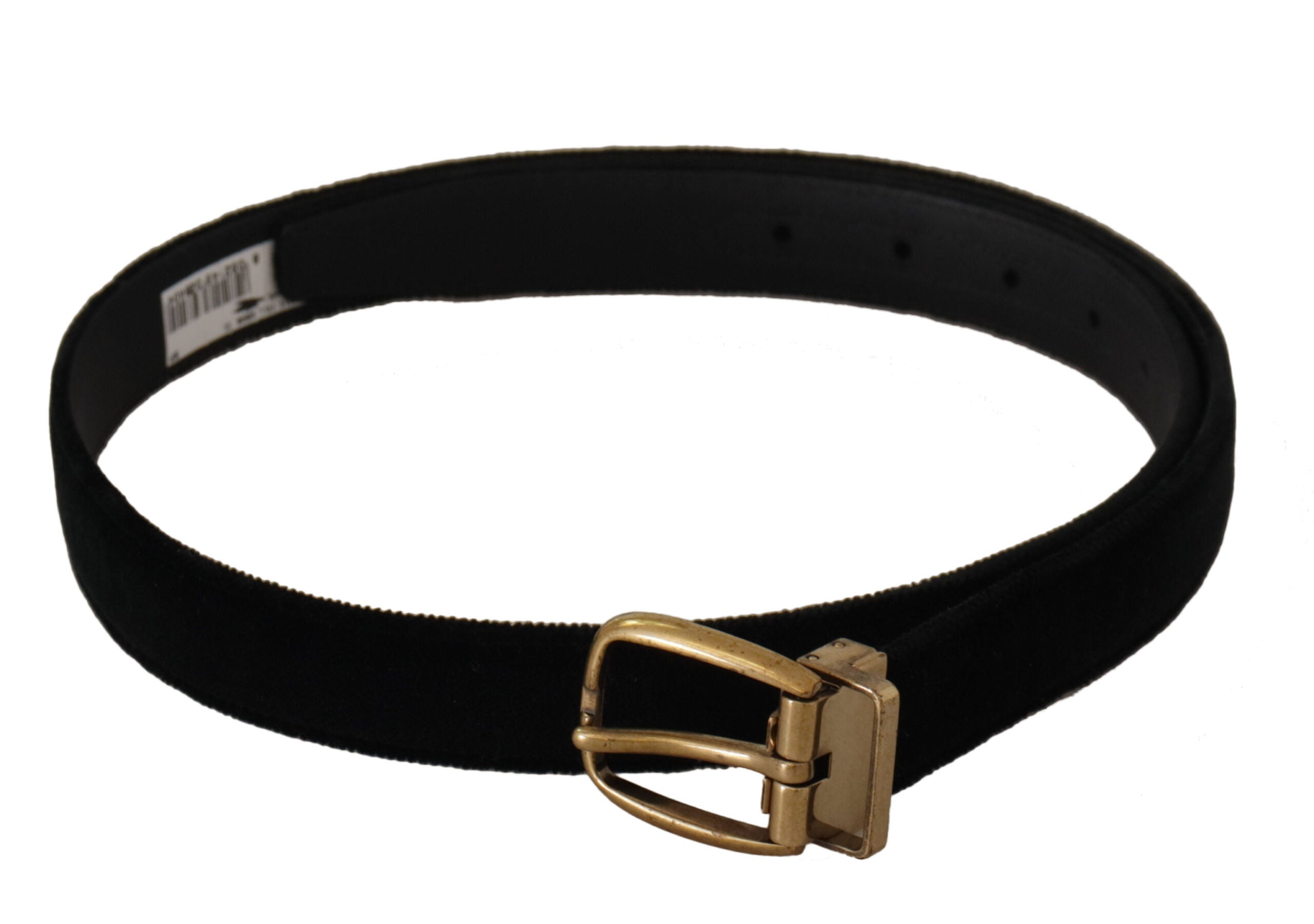 Black velvet leather belt with gold-tone metal buckle from Dolce & Gabbana, stylish accessory with a sleek, luxurious design.