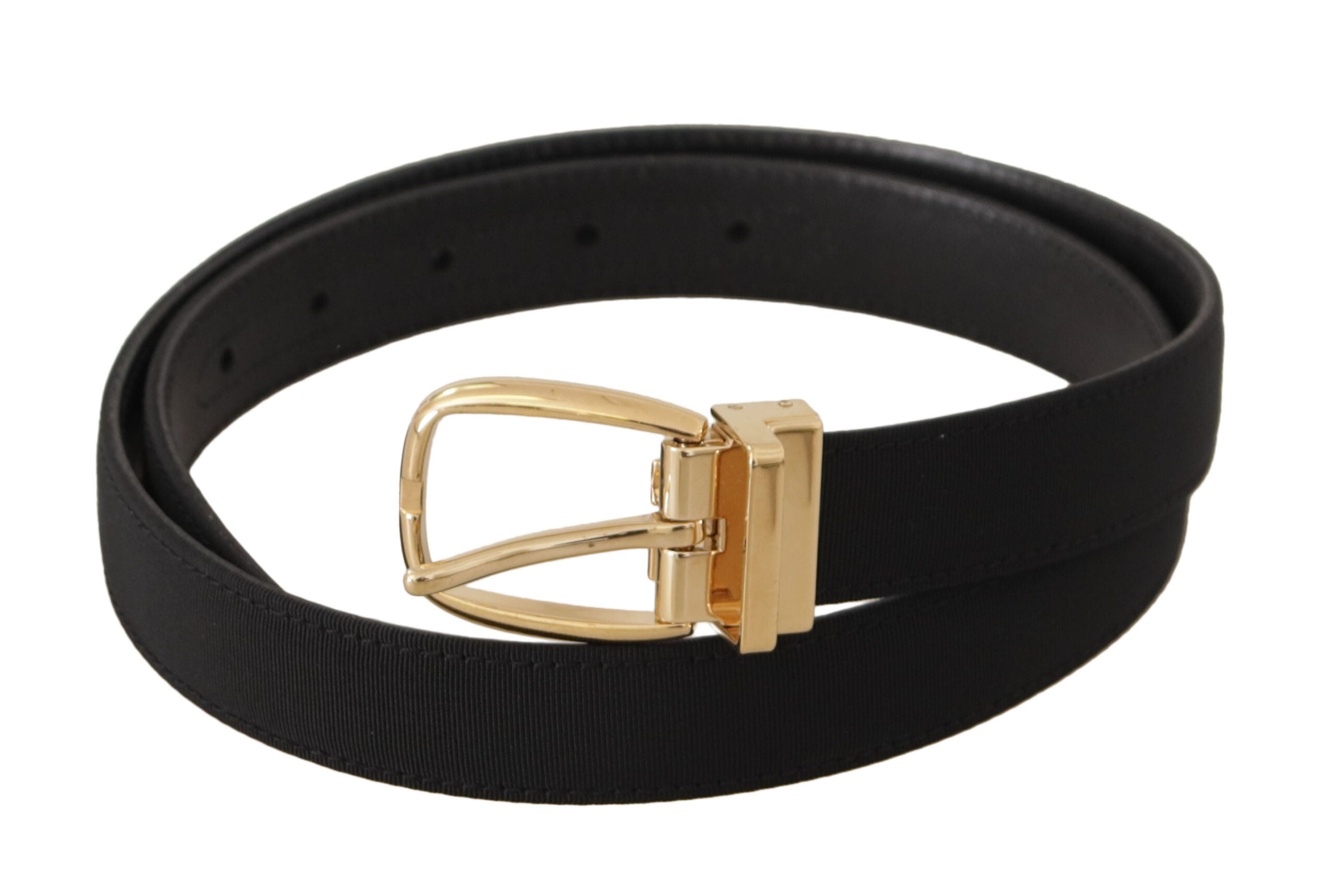 Black canvas and leather belt with gold metal buckle from Dolce & Gabbana, featuring a sleek and stylish design.