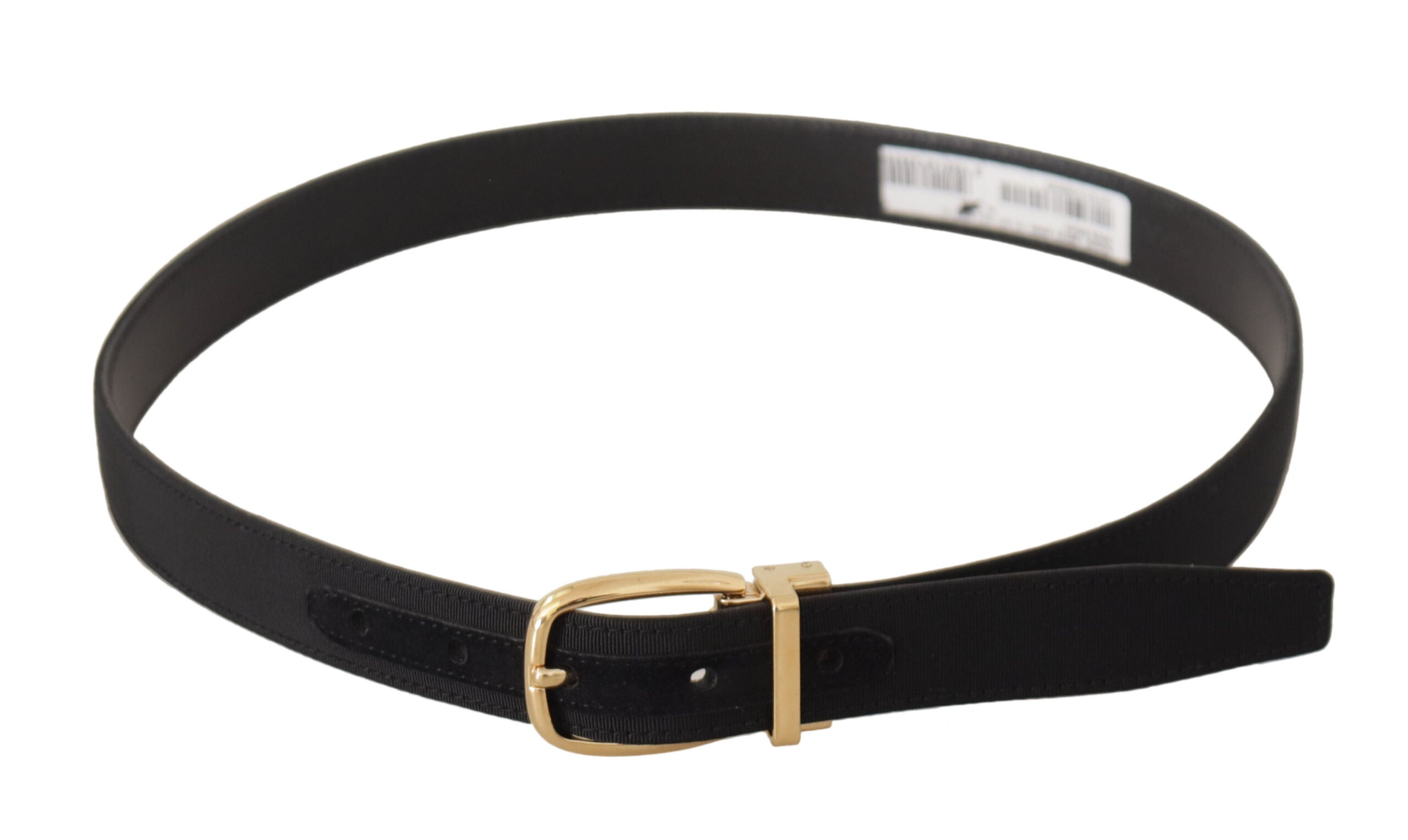 Black canvas and leather belt with gold metal buckle from Dolce & Gabbana, featuring a stylish and sleek accessory design.