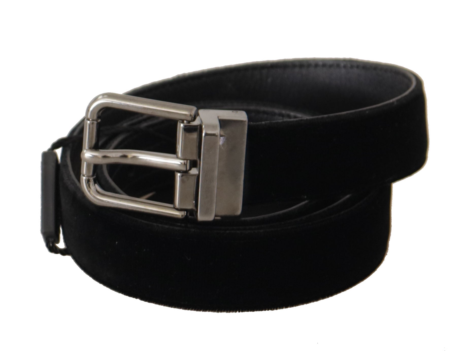 Black cotton belt with silver tone metal buckle from Dolce & Gabbana, featuring a sleek, stylish design.