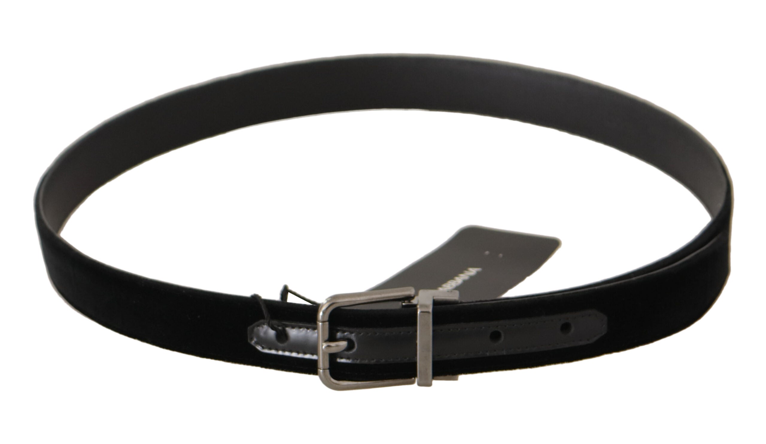 Black cotton belt with silver tone metal buckle from Dolce & Gabbana, featuring a sleek and stylish design.