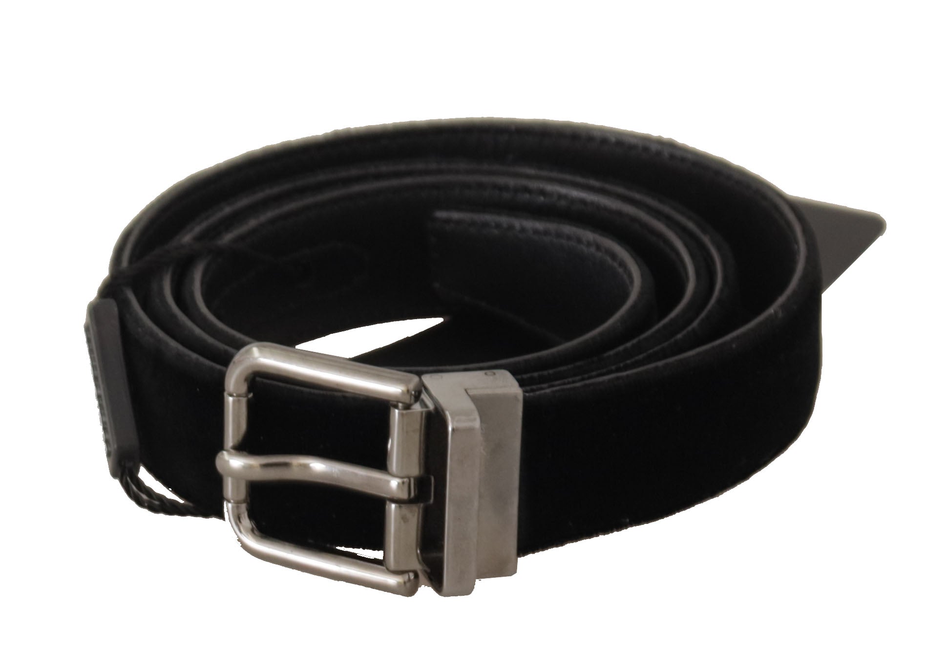 Black cotton belt with silver tone metal buckle by Dolce & Gabbana, featuring a sleek, stylish design with adjustable strap.