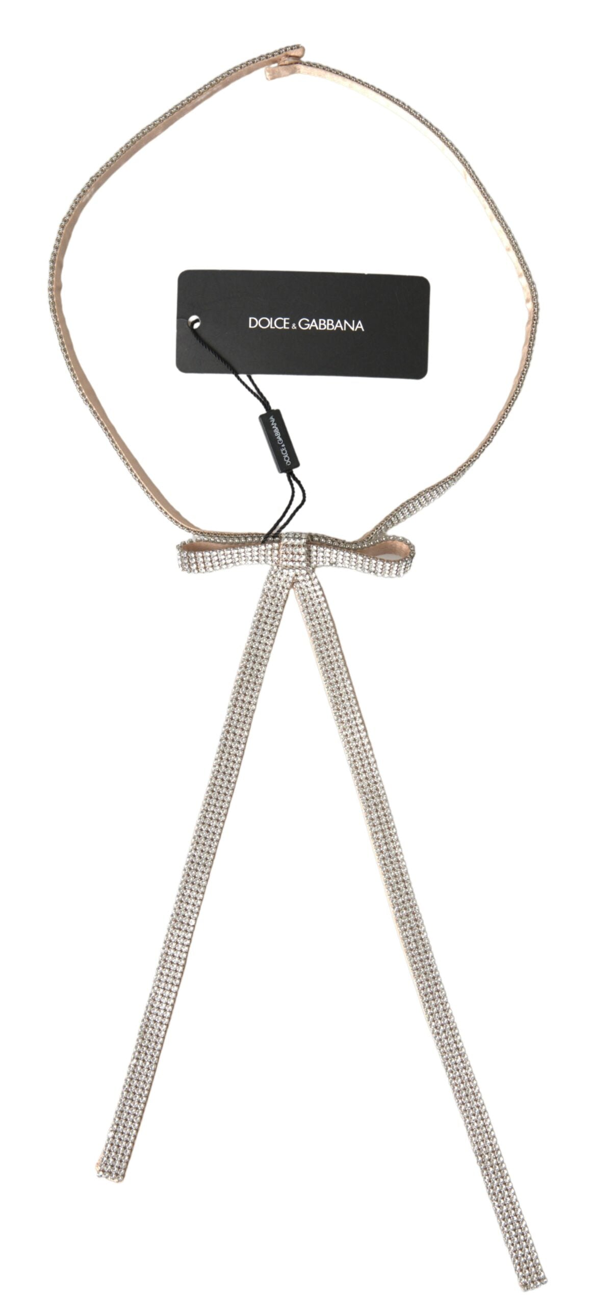 Beige silk waist belt with clear crystal bow detail by Dolce & Gabbana, stylish accessory for elegant outfits.