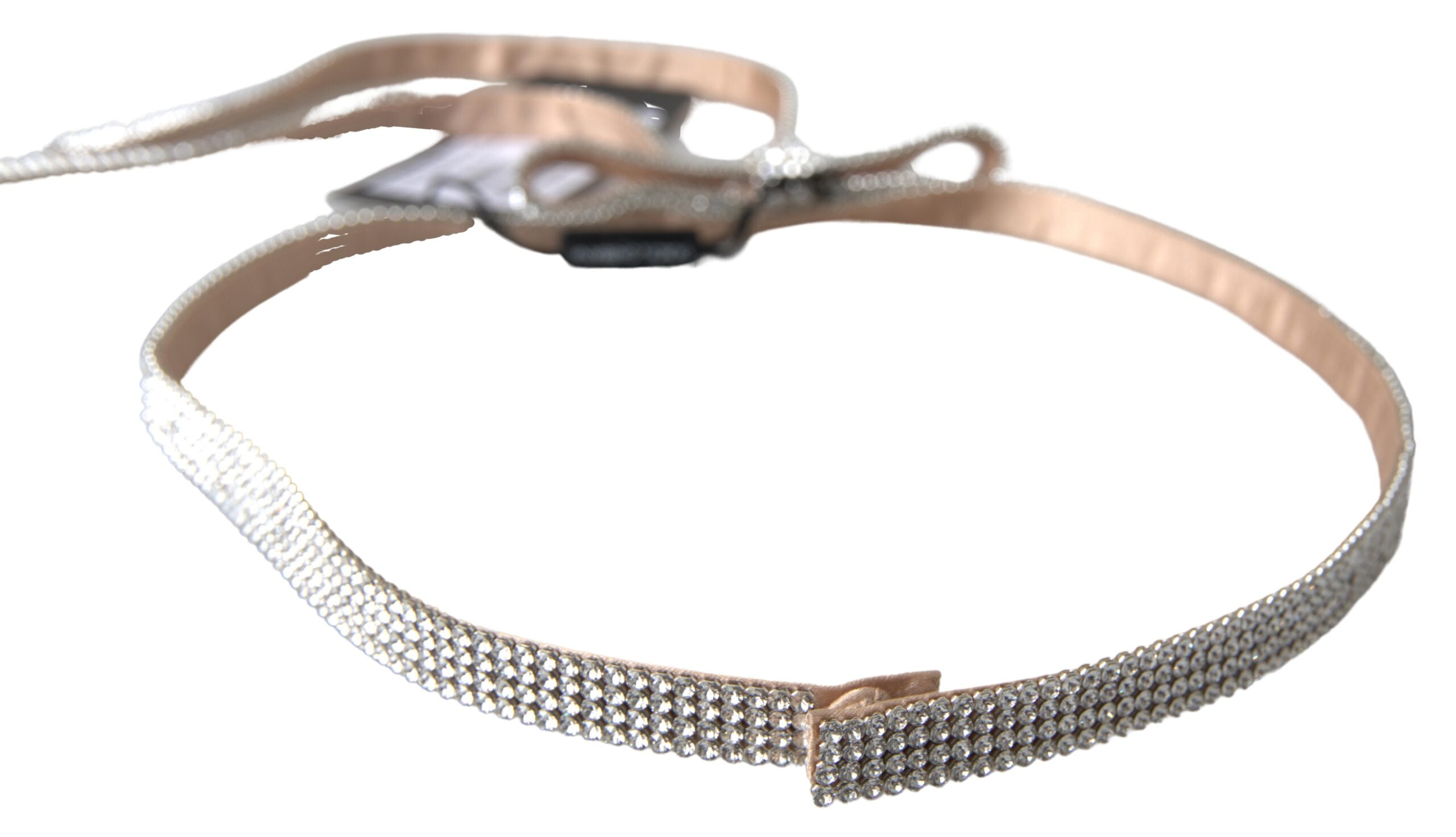 Beige silk waist belt with clear crystal bow detail by Dolce & Gabbana, stylish accessory for elegant outfits.