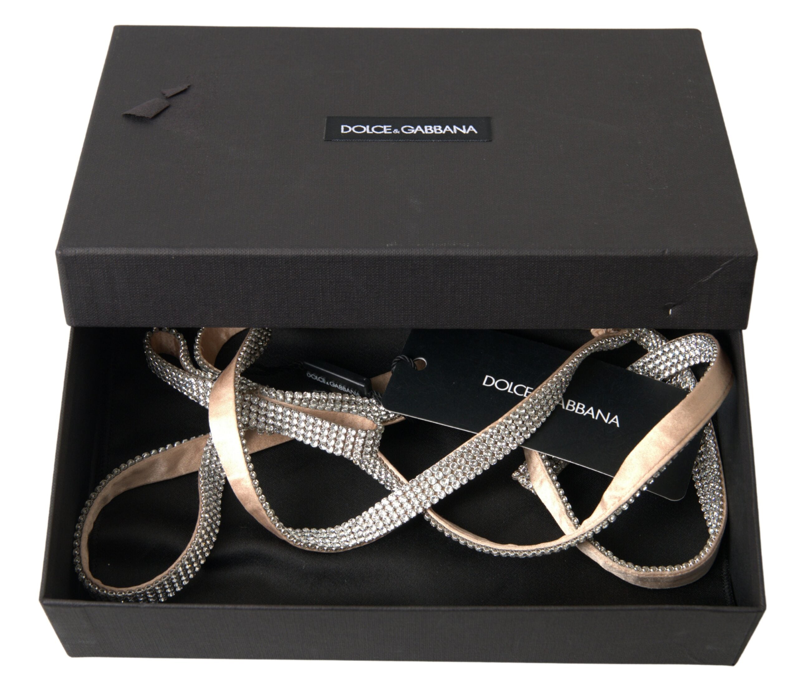 Beige silk waist belt with clear crystal bow detail from Dolce & Gabbana, styled around the waist for elegant fashion.