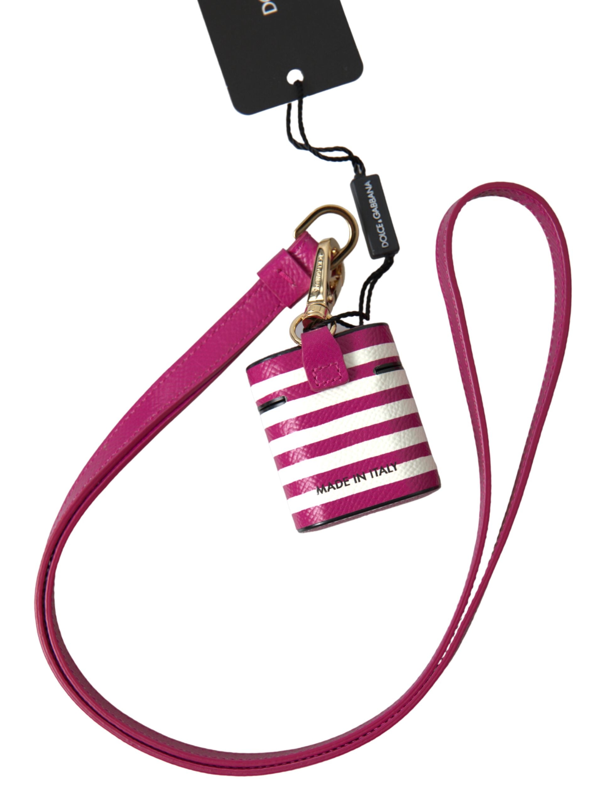 Fuchsia Dauphine leather AirPods case with Dolce & Gabbana logo, stylish protective accessory for wireless earbuds.