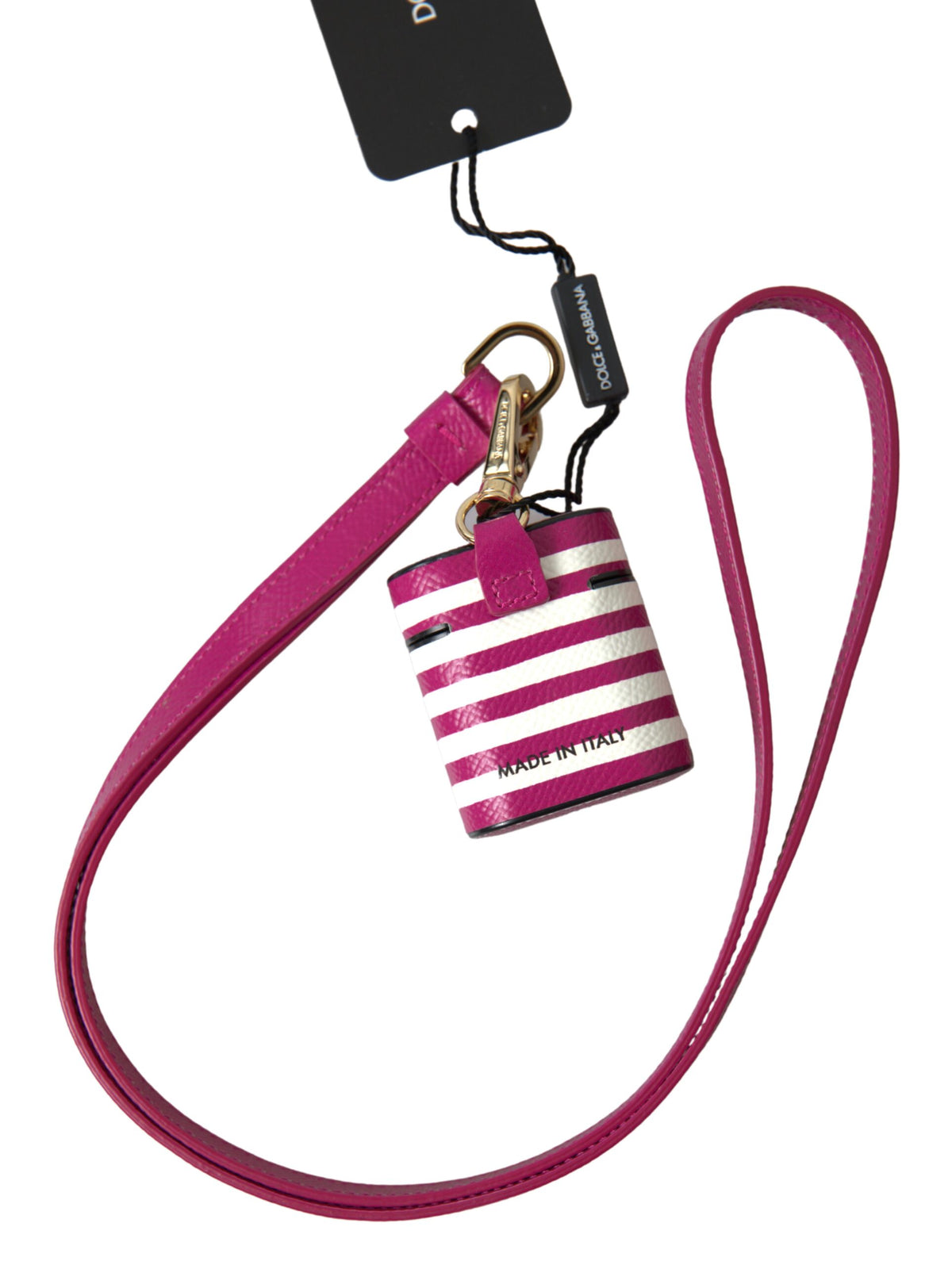 Fuchsia Dauphine leather AirPods case with Dolce & Gabbana logo, stylish protective accessory for wireless earbuds.