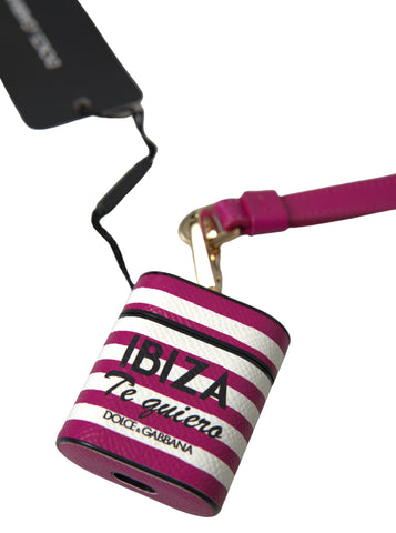 Fuchsia Dauphine leather AirPods case with Dolce & Gabbana logo, showcasing a sleek, stylish protective accessory.