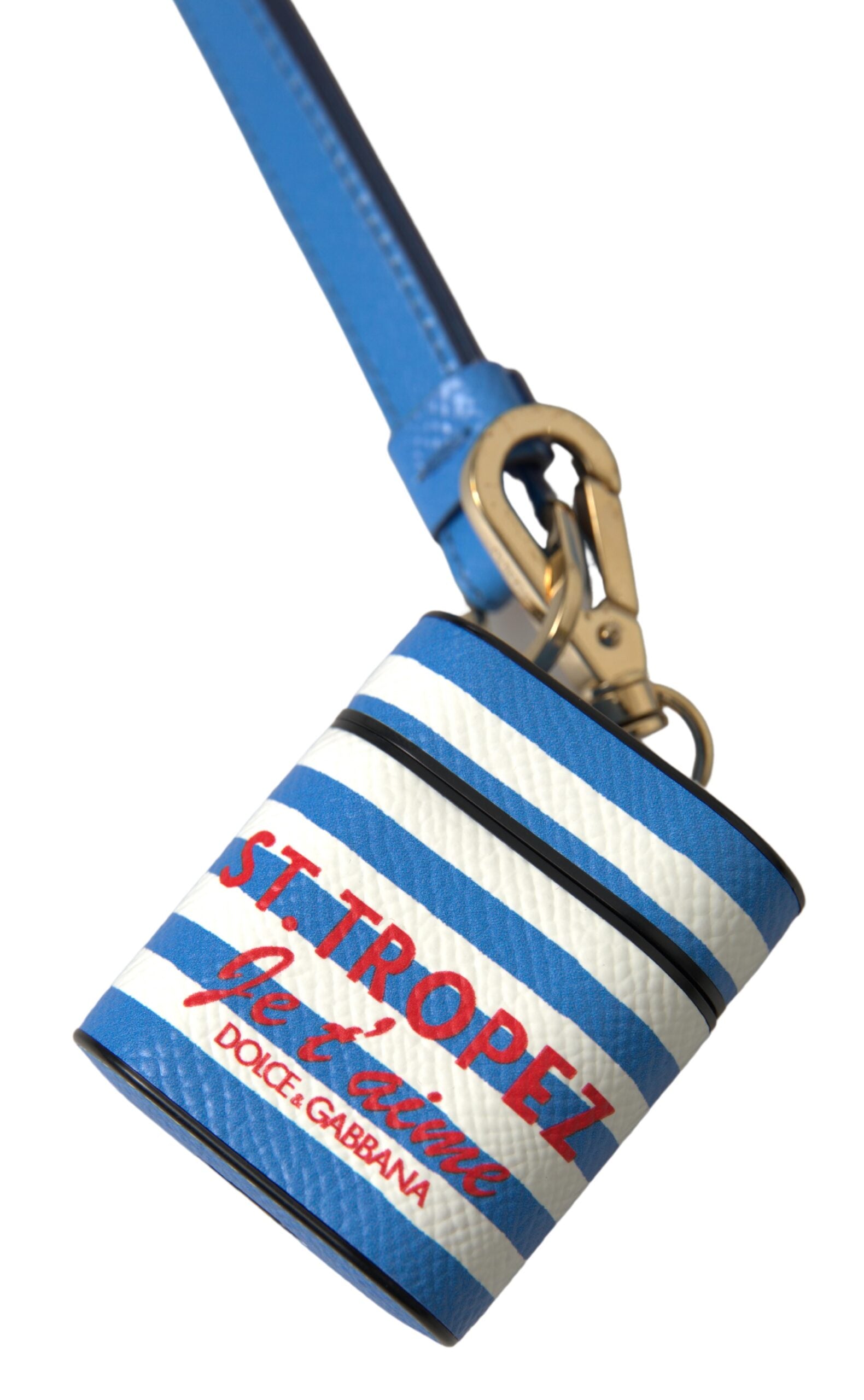 Blue stripe Dauphine leather AirPods case with Dolce & Gabbana logo print, featuring a sleek, stylish design for wireless earbuds.