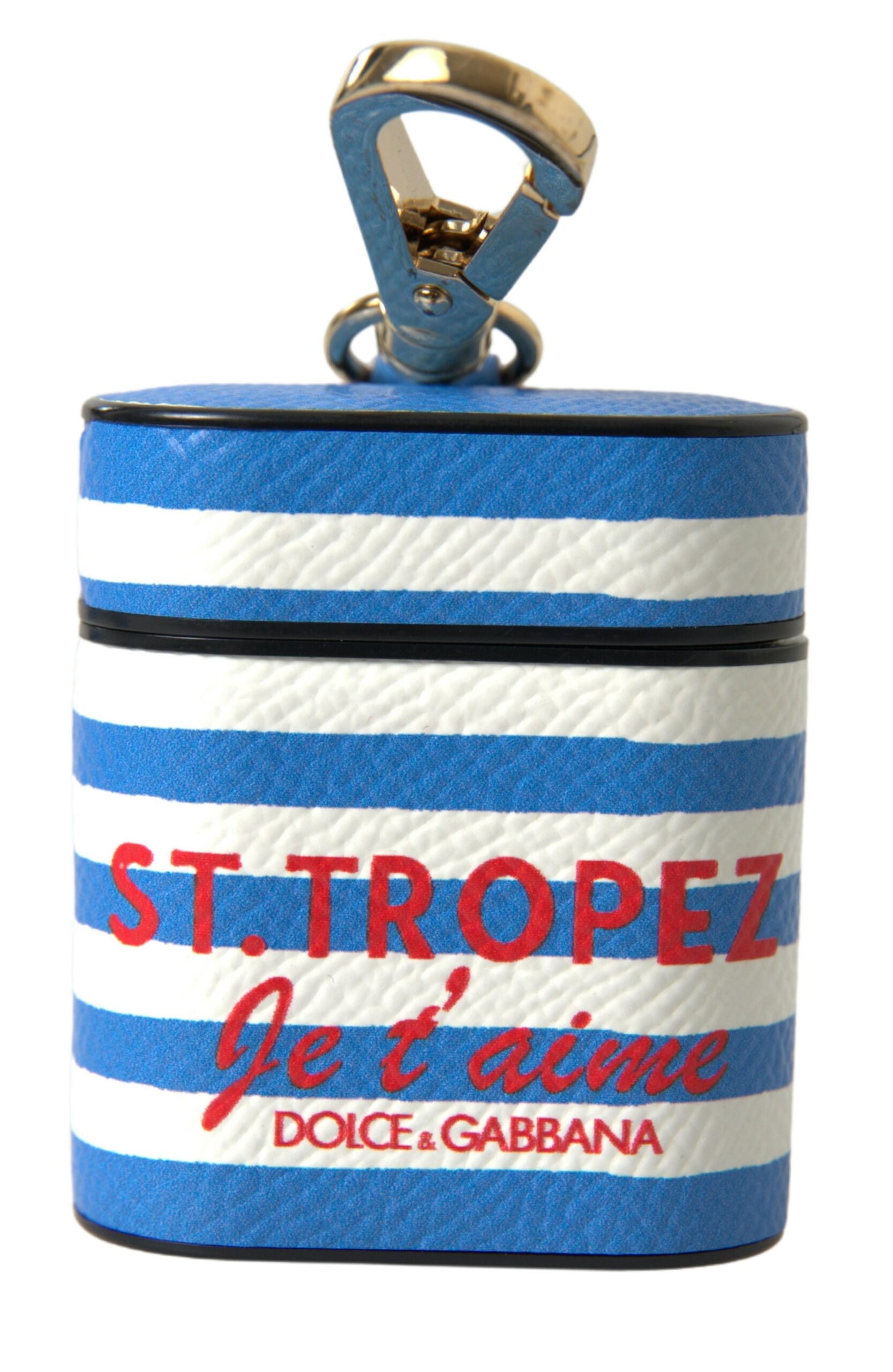 Blue stripe Dolce & Gabbana leather AirPod case with logo print, featuring a sleek dauphine design and durable construction.
