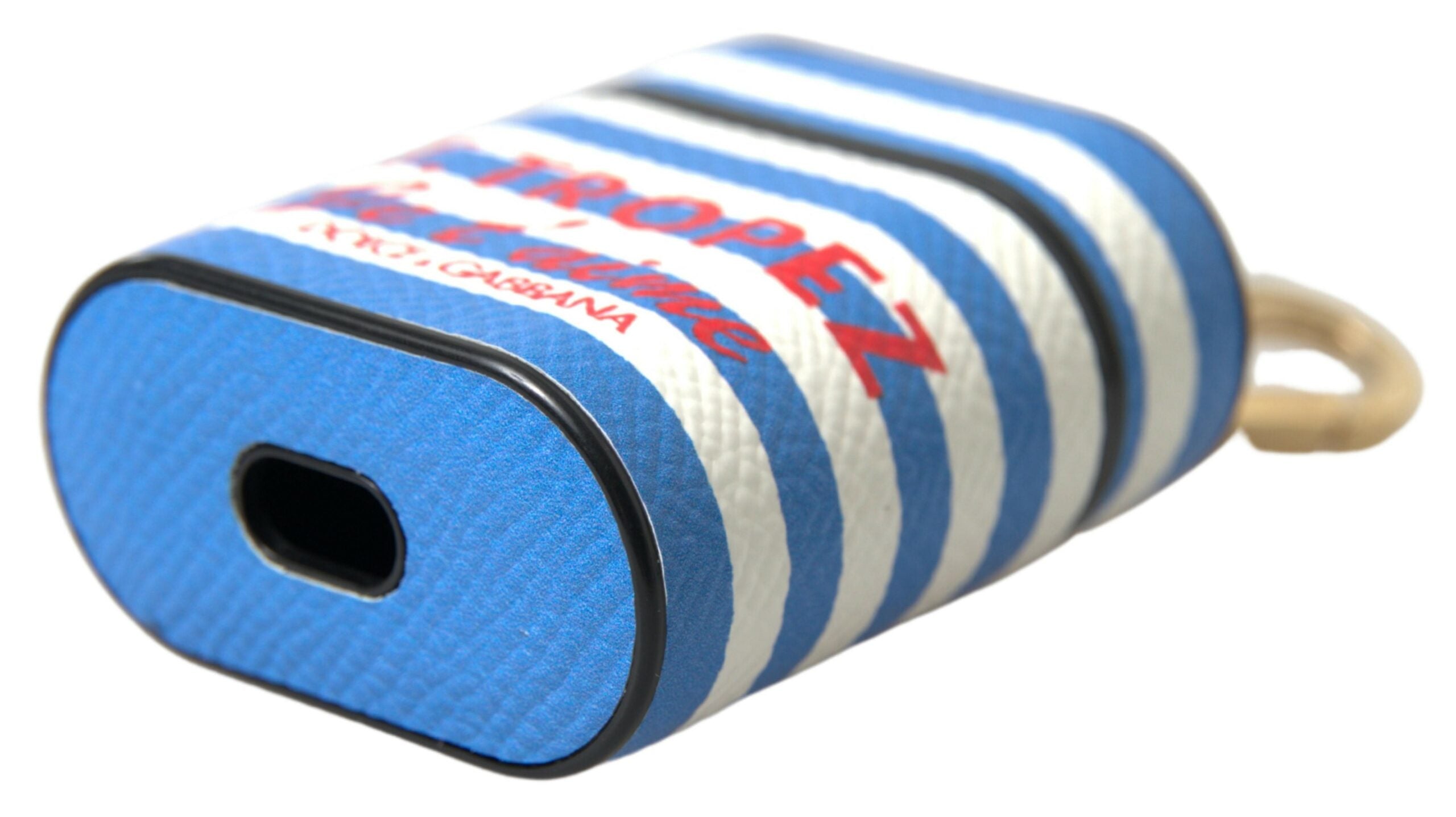 Blue stripe leather AirPods case with Dolce & Gabbana logo print, featuring a stylish Dauphine design and sleek leather finish.