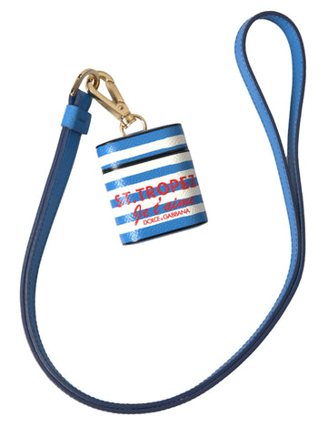 Blue stripe Dauphine leather AirPods case with Dolce & Gabbana logo print and sleek design.