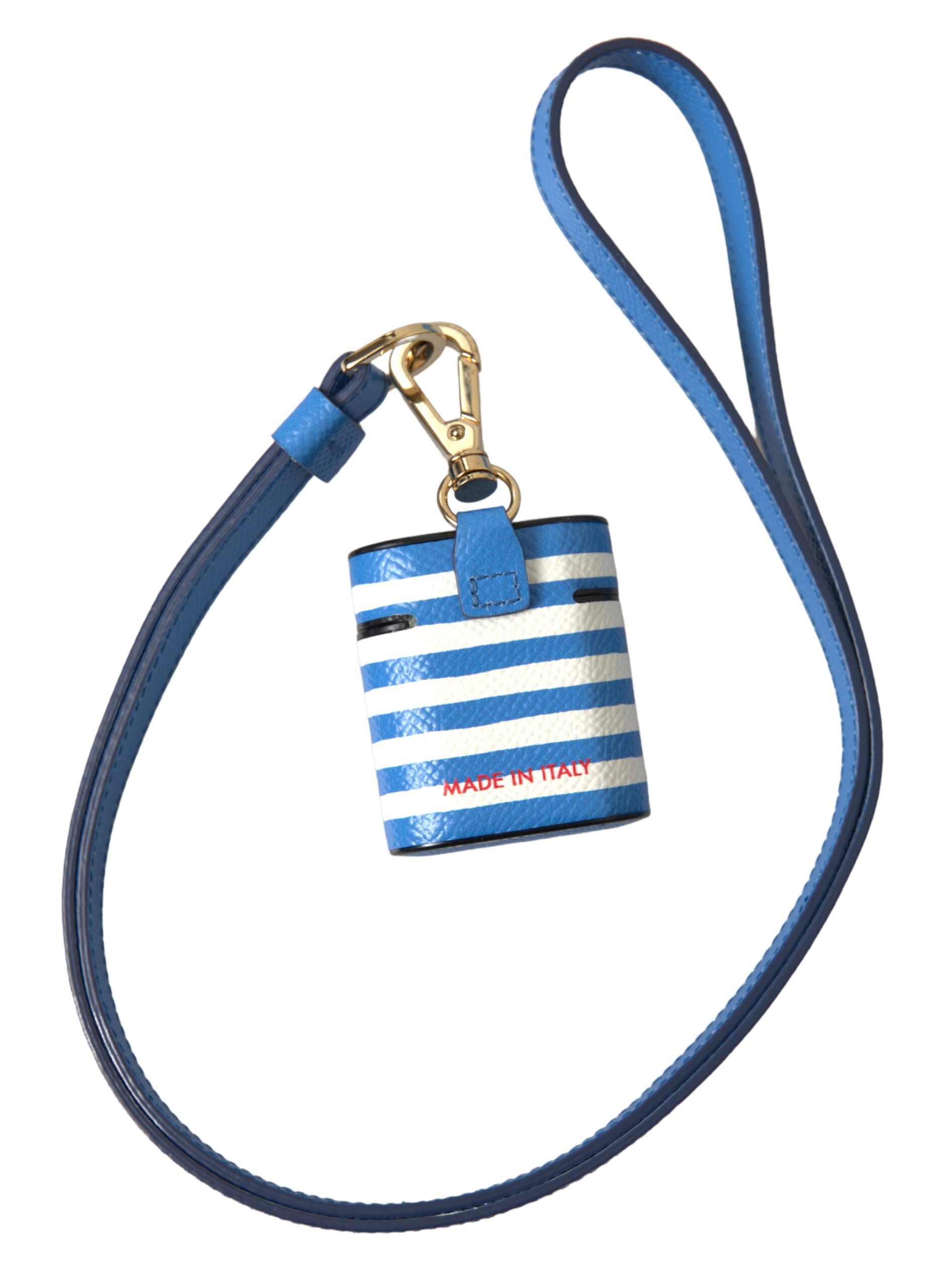 Blue stripe Dauphine leather AirPods case with Dolce & Gabbana logo print, featuring a sleek and stylish protective cover.