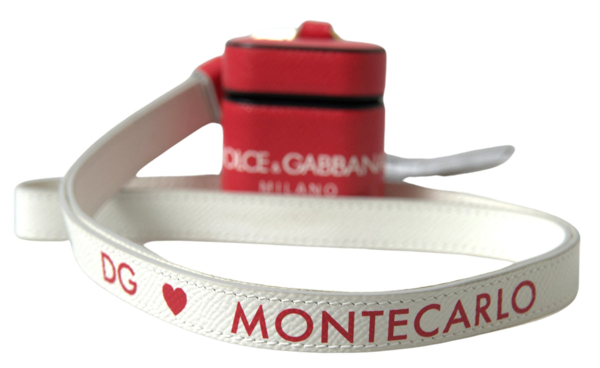 Red leather AirPods case with gold-tone metal logo print from Dolce & Gabbana.