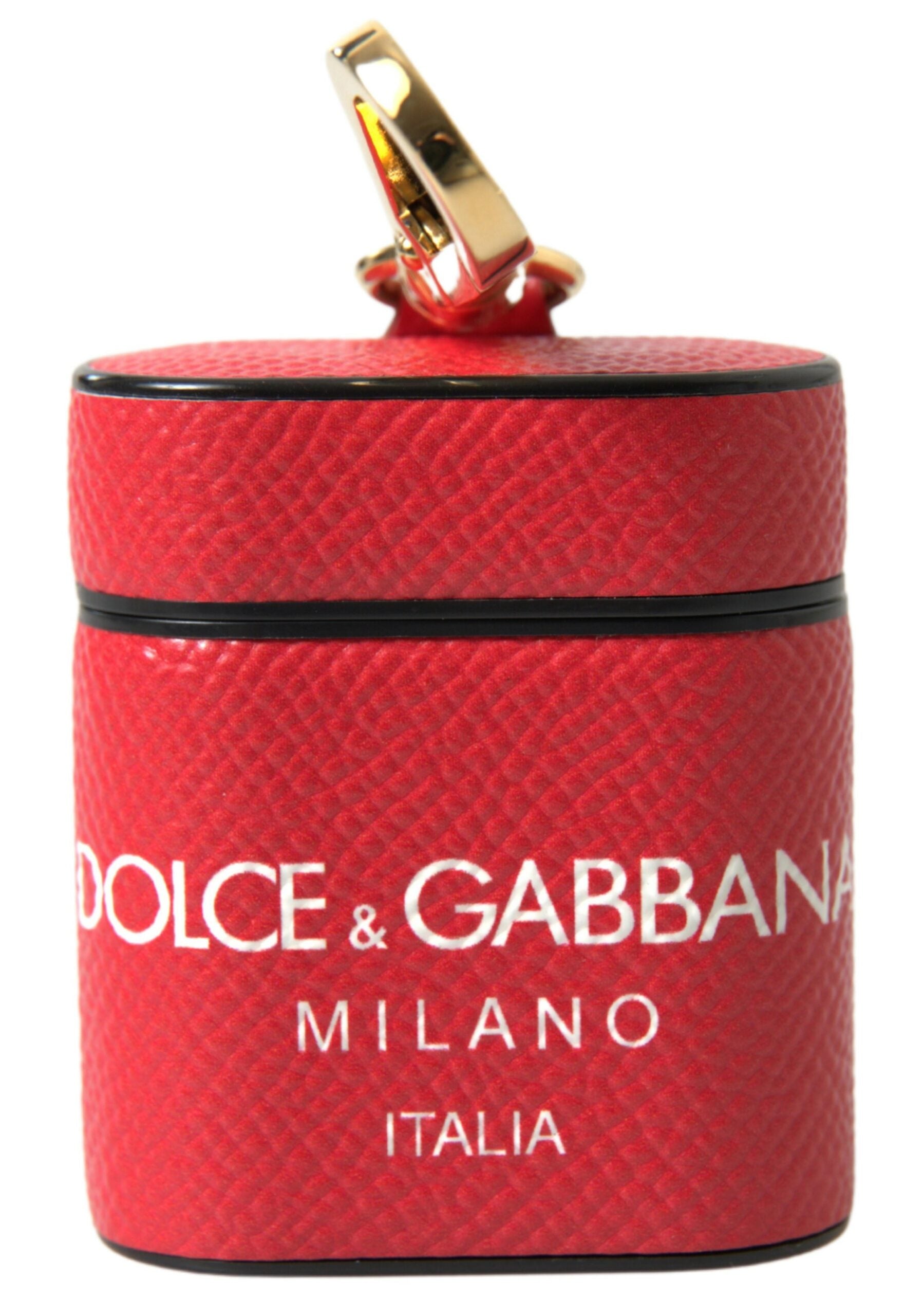 Red leather AirPods case with gold-tone metal logo print by Dolce & Gabbana, featuring a sleek and stylish protective cover.