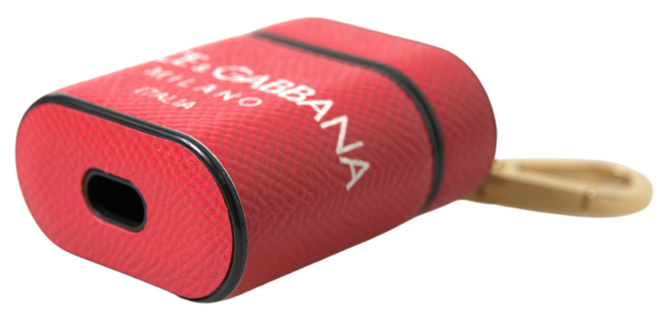 Red leather AirPods case with gold-tone metal logo print by Dolce & Gabbana, showcasing a stylish and luxurious accessory.