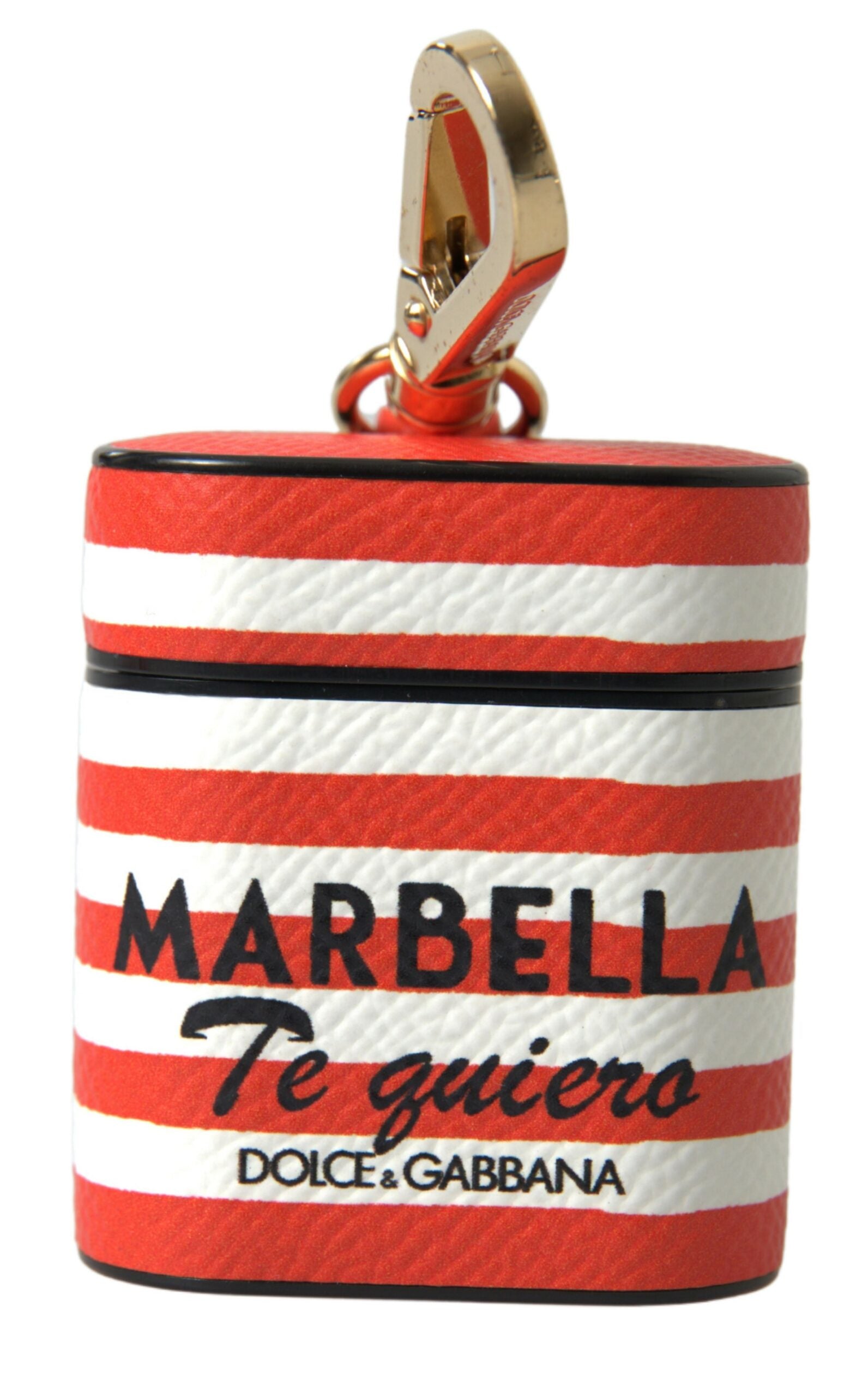Orange Stripe Dauphine leather AirPods case with Dolce & Gabbana logo strap, featuring a stylish leather design and vibrant color.